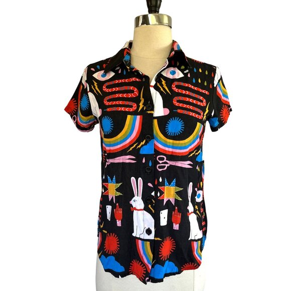 NOOWORKS Magic by Lisa Congdon print Joyce top blouse shirt, XS, dopamine - Picture 3 of 5